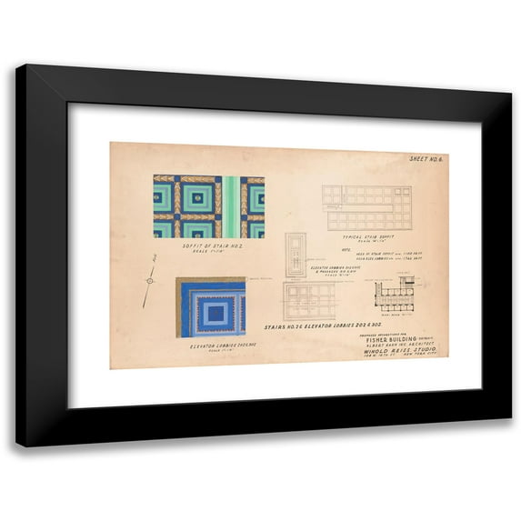 Winold Reiss 14x11 Black Modern Framed Museum Art Print Titled - Proposed Decorations for Fisher Building, Detroit.) (Soffit of Stair No. 2.) (Elevator Lobbies 202 and 302 (1928)