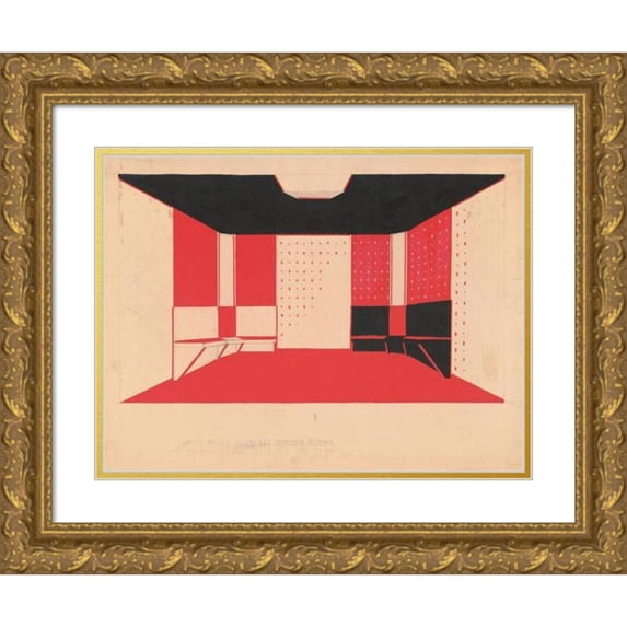 Winold Reiss 14x11 Gold Ornate Wood Frame and Double Matted Museum Art Print Titled - Design for Unidentified Building ‘Small Dining Room’.) (Drawing of Dining Room with Benches, in Black, V