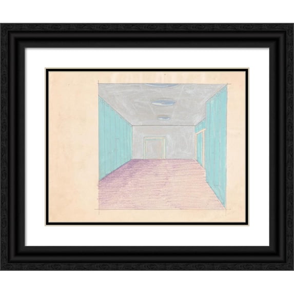 Winold Reiss 14x12 Black Ornate Wood Framed Double Matted Museum Art Print Titled: Interior Design Drawings for Unidentified Rooms.) (Sketch for Unidentified Room with Silver Wall and C