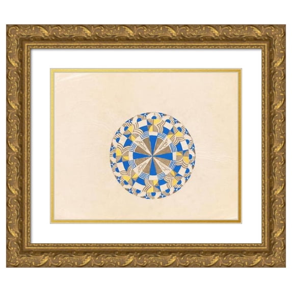Winold Reiss 14x12 Gold Ornate Wood Frame and Double Matted Museum Art Print Titled - Graphic Design Drawings for Barricini Candy Packages.) (Study, Wheel Pattern Lid Design in Blue, Yellow,