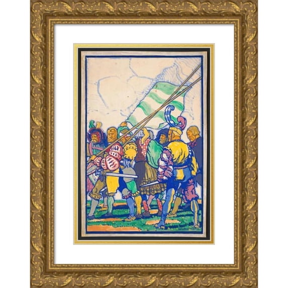 Winold Reiss 14x18 Gold Ornate Wood Frame and Double Matted Museum Art Print Titled - Graphic Designs for Scribner's Magazine Cover, Medieval Festival Theme.) (Colored Drawing of Men with Me