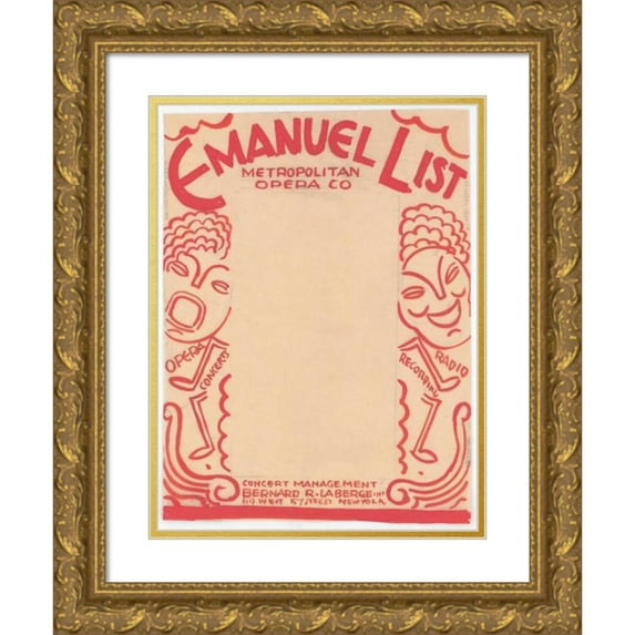 Winold Reiss 15x18 Gold Ornate Wood Frame and Double Matted Museum Art Print Titled - Designs for Promotional Material for Opera Singer Emanuel List.) (Drawing for Brochure Page (1947)