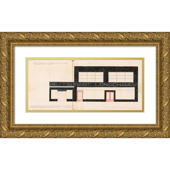Winold Reiss 18x11 Gold Ornate Wood Frame and Double Matted Museum Art Print Titled - Design for Longchamps Restaurant, 79th St., New York, Ny.) (Proposed Treatment for Front of Restaurant (