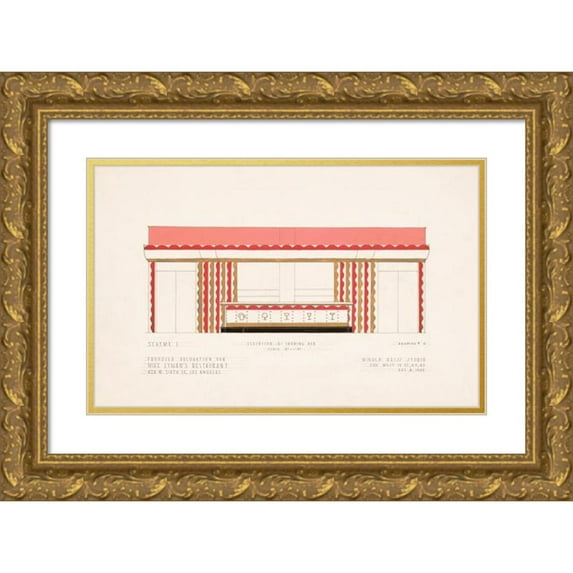 Winold Reiss 18x13 Gold Ornate Wood Frame and Double Matted Museum Art Print Titled - Drawings for Proposed Decorations of Mike Lyman's Restaurant, 424 W. Sixth St. Los Angeles, Ca.) (Scheme