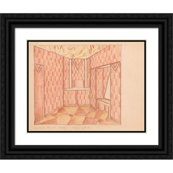 Winold Reiss 18x15 Black Ornate Wood Framed Double Matted Museum Art Print Titled - Interior Design Drawings for Unidentified Rooms.) (Sketch for Interior, Possibly Hotel Lobby (1910)