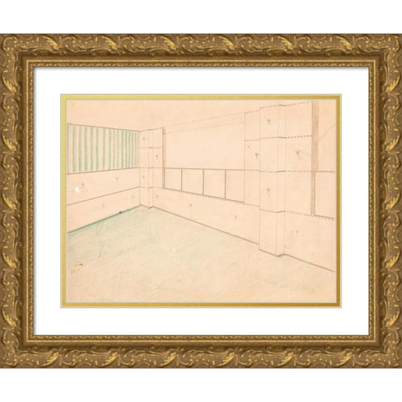 Winold Reiss 18x15 Gold Ornate Wood Frame and Double Matted Museum Art Print Titled - Interior Design Drawings for Unidentified Rooms.) (Sketch for Interior with Green Coloring and Floral Pa