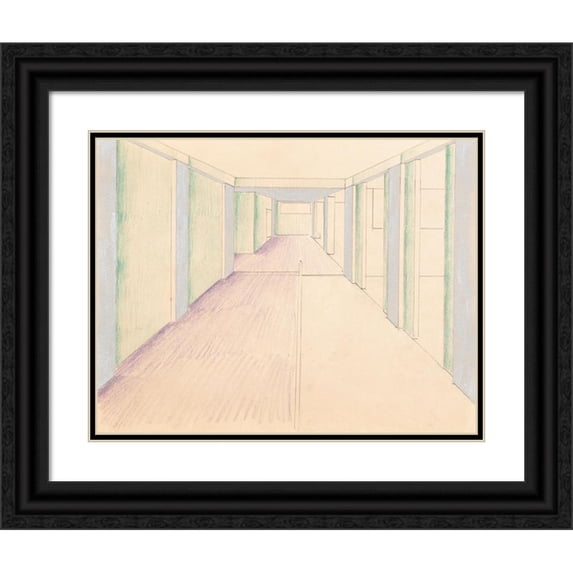 Winold Reiss 24x19 Black Ornate Framed Double Matted Museum Art Print Titled: (Interior Design Drawings for Unidentified Rooms.) (Sketch for Hallway Colored Green and Purple (1910)