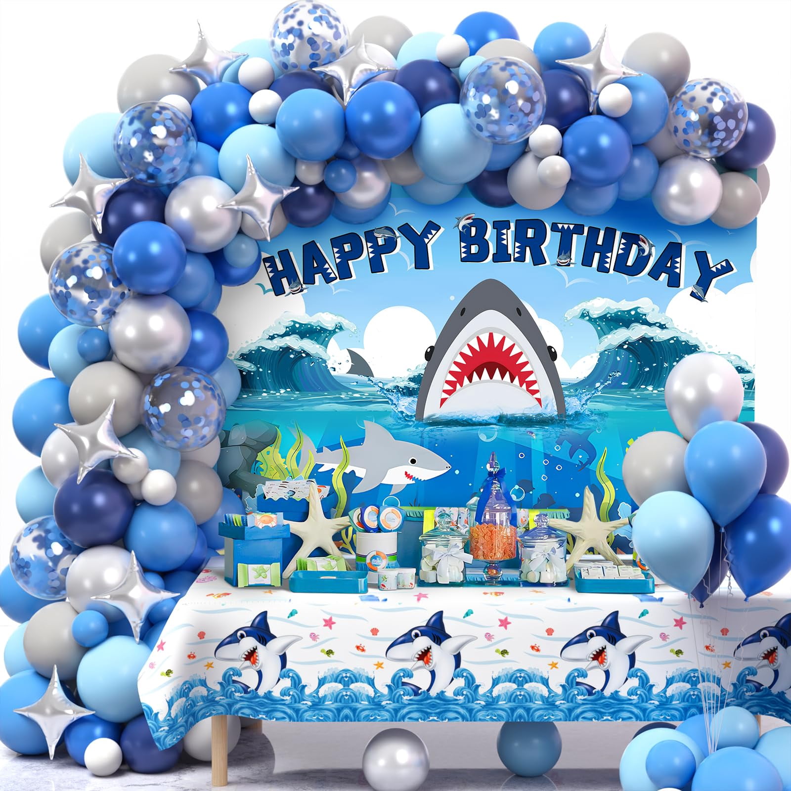 Winrayk 145Pcs Shark Birthday Party Decorations BSL1Supplies for Shark Balloon Garland Arch Birthday Backdrop Tablecloth Star Balloons, Ocean Themed Party Decorations Shark Birthday Decorations