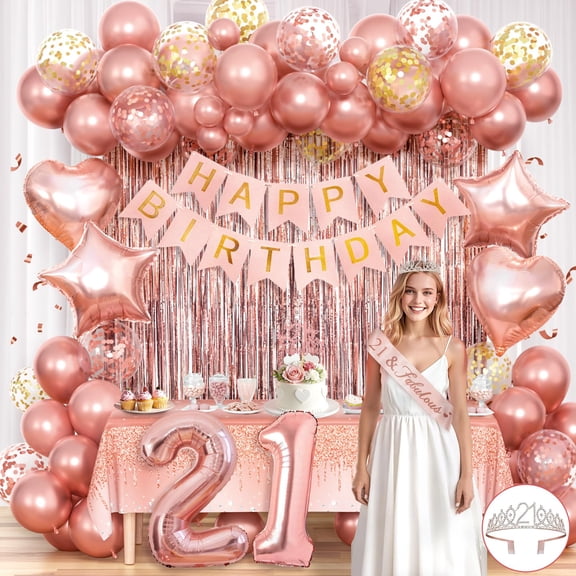 Winrayk 21st Birthday Decorations for Her, KKS1Rose Gold Arch Kit 21 Happy Birthday Banner Fringe Curtain Tablecloth Sash Crown Cake Topper Number Girls Women Happy 21 Birthday Decorations