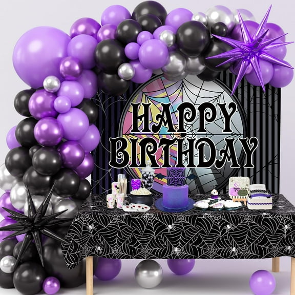 Winrayk Purple and Black Birthday Party KKS1Decorations Supplies Kids with Balloon Garland Arch Kit Birthday Backdrop Spider Web Tablecloth Star Balloon Halloween Black Purple Party Decorations