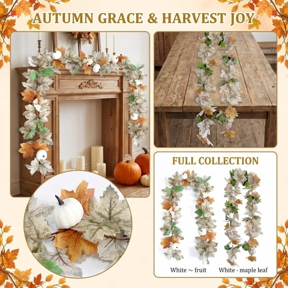 Winsafor Artificial White Maple Leaf Garland for Fall Thanksgiving – Decorative Vine for Fireplace Mantel Shelf Table Centerpiece Rustic Harvest Decorations for Home Indoor,A
