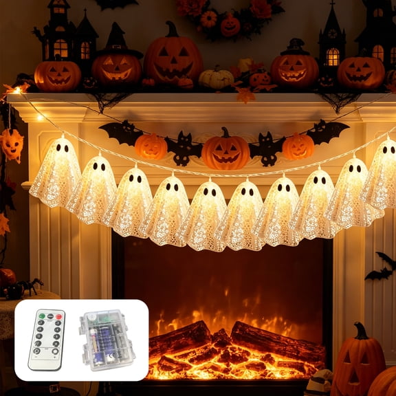 Winsafor Halloween Ghost String Lights 10-Pack - 6.6ft LED Hanging Ghosts with Sequins, 8 Modes Remote, Battery Operated, Indoor Outdoor Halloween Decorations