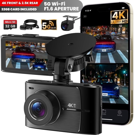 4K+2.5K Front and Rear Dash Cam with 32GB SD Card WiFi Night Vision Dual Channel Car Camera System