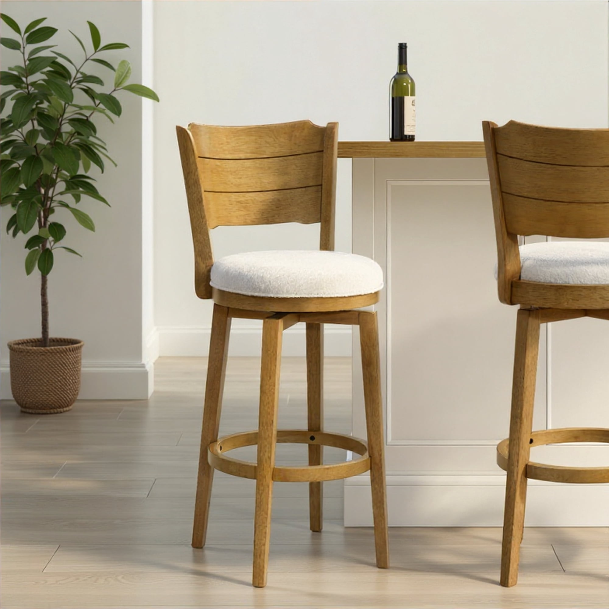 Winsley Coastal Modern Swivel Wood Bar Height Kitchen Bar Stool in Amber Glow Finish with White Boucle Fabric Upholstered Seat