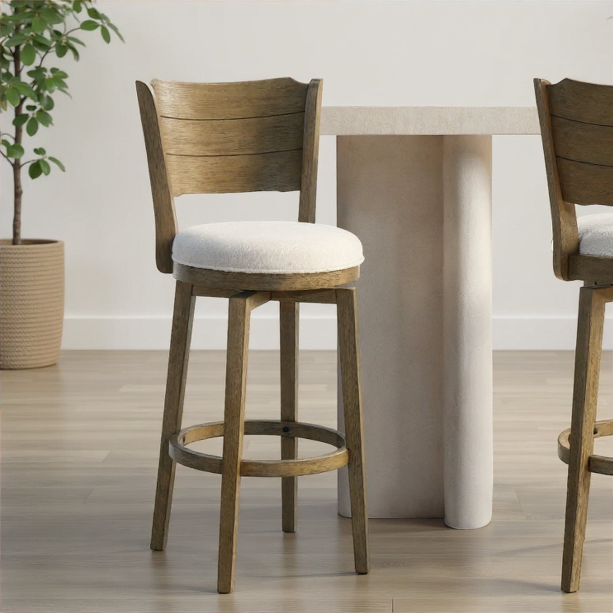 Winsley Coastal Modern Swivel Wood Bar Height Kitchen Bar Stool in Putty Brown Finish with White Boucle Fabric Upholstered Seat - Set of 4