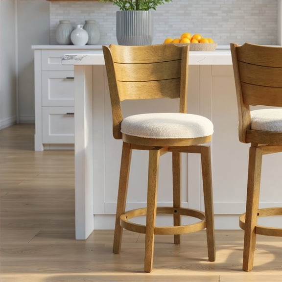 Winsley Coastal Modern Swivel Wood Counter Height Kitchen Bar Stool in Amber Glow Finish with White Boucle Fabric Upholstered Seat