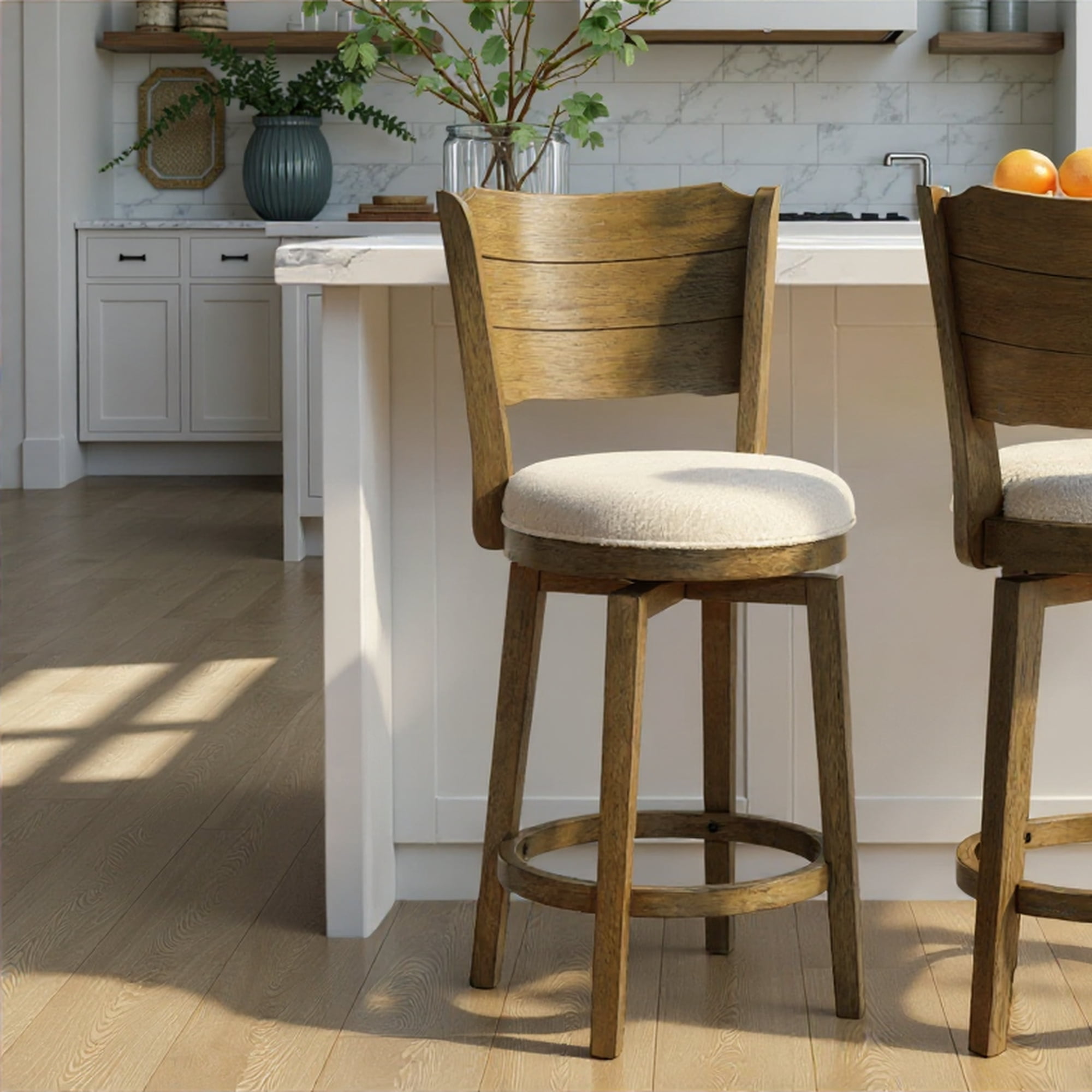 Winsley Coastal Modern Swivel Wood Counter Height Kitchen Bar Stool in Putty Brown Finish with White Boucle Fabric Upholstered Seat