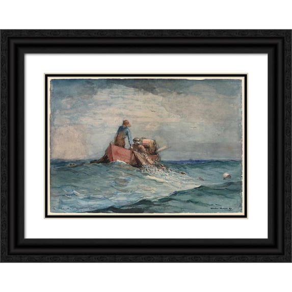 Winslow Homer 18x14 Black Ornate Wood Framed Double Matted Museum Art Print Titled - Hauling in the Nets (1887)