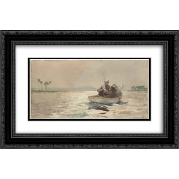 Winslow Homer 2x Matted 24x16 Black Ornate Framed Art Print 'Bass Fishing, Florida'