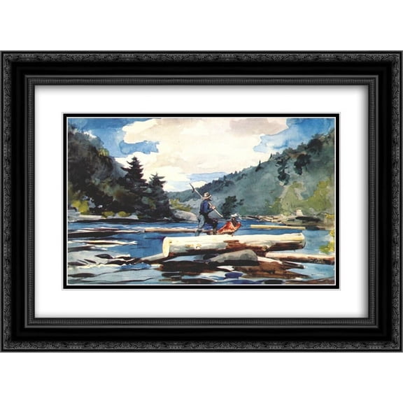Winslow Homer 2x Matted 24x20 Black Ornate Framed Art Print 'Hudson river, logging'