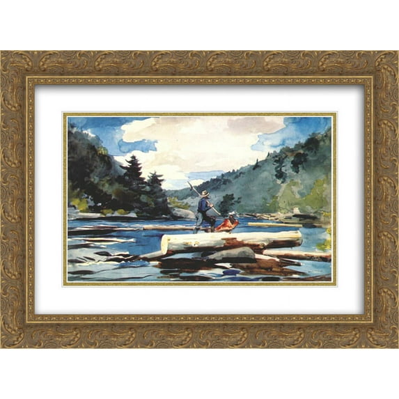 Winslow Homer 2x Matted 24x20 Gold Ornate Framed Art Print 'Hudson river, logging'