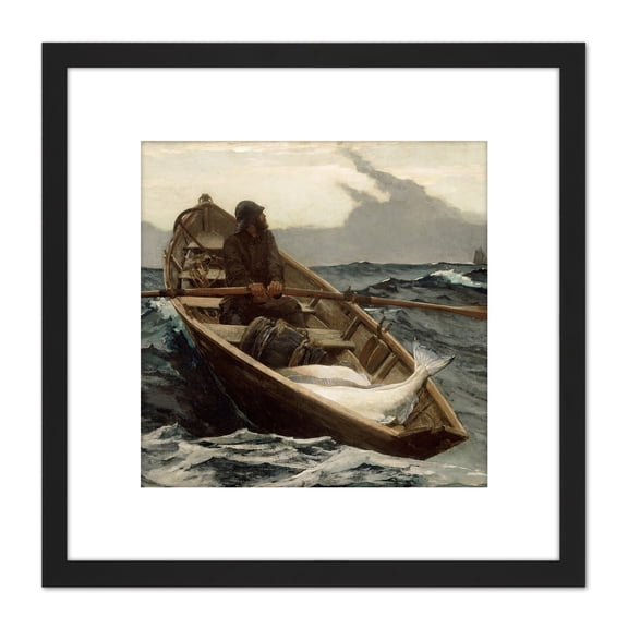 Winslow Homer Fog Warning Painting 8X8 Inch Square Wooden Framed Wall Art Print Picture with Mount
