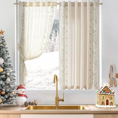 Winslow Linen Curtains 54 Inch Length Christmas Decorations Farmhouse Small Window Curtains Embroidered Bordered Floral Drapes Light Filtering for Bathroom Kitchen Sage on Beige 2 Panels