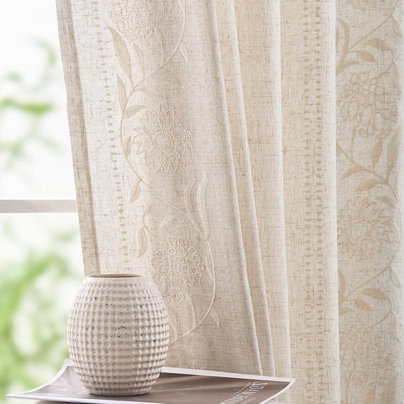 Winslow Linen Curtains for Bedroom 84 Inches Length Embroidered Bordered Floral Living Room Farmhouse Decor Light Filtering Window Treatments Ivory on Beige Drapes 2 Panels