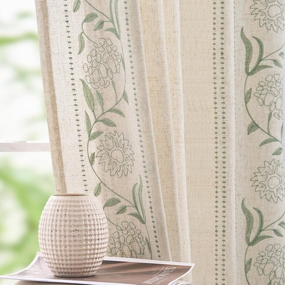 Winslow Linen Curtains for Bedroom 84 Inches Length Embroidered Bordered Floral Curtains for Living Room Farmhouse Decor Light Filtering Window Treatments Sage on Beige Drapes 2 Panels