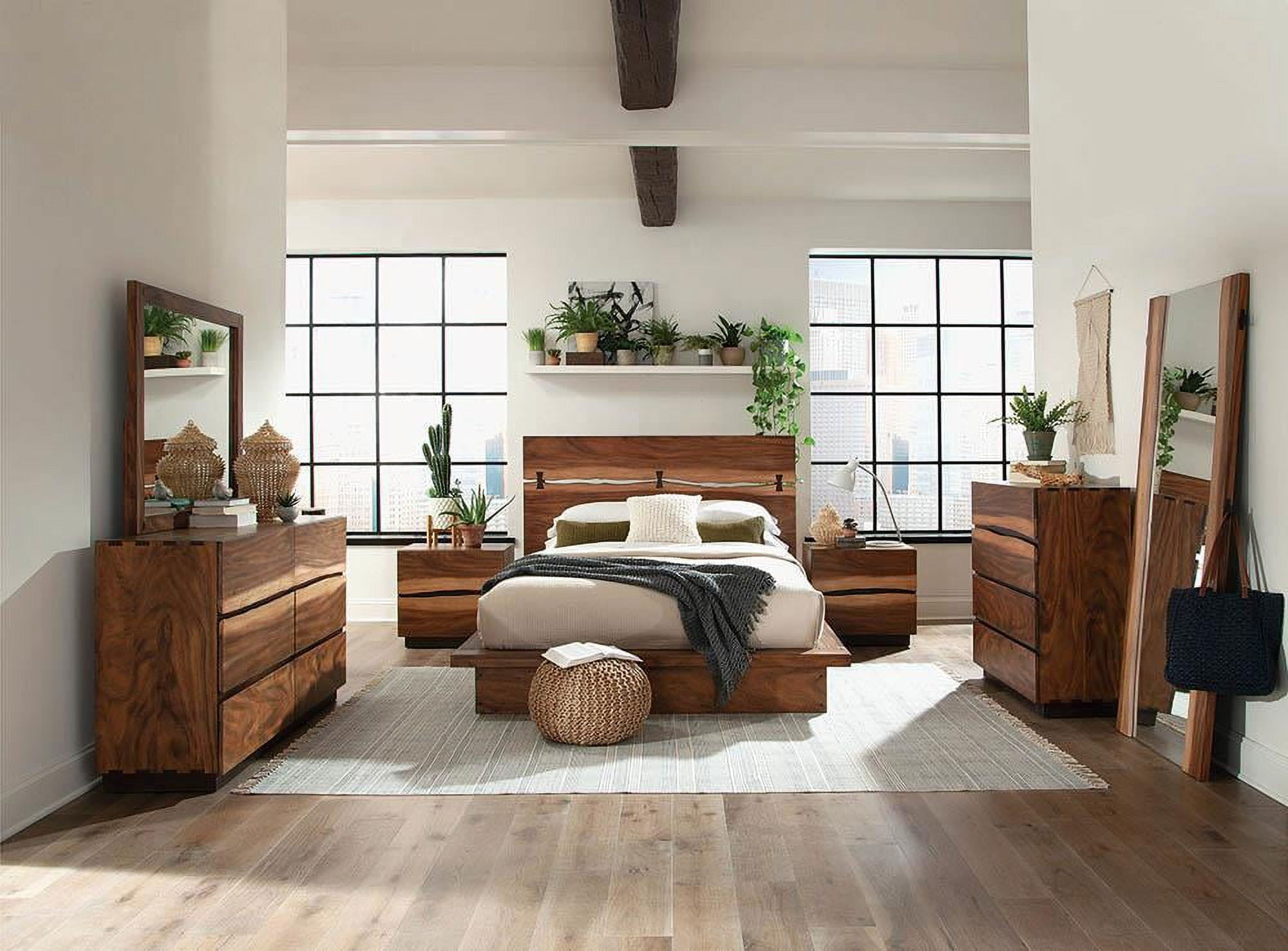 Smokey Walnut and Coffee Bean Queen Platform Bed with Upholstered Headboard