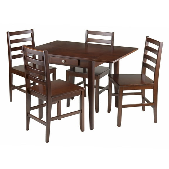 Contemporary Home Living Set of 5 Walnut Wood Drop Leaf Dining Table with Ladder Back Design Chairs