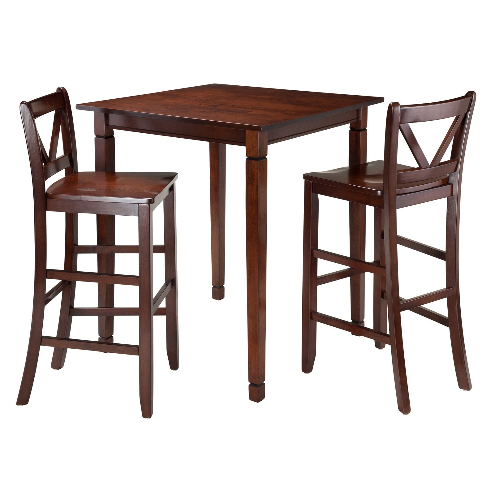 Walnut Transitional Square Pub Table with 2 V-Back Chairs