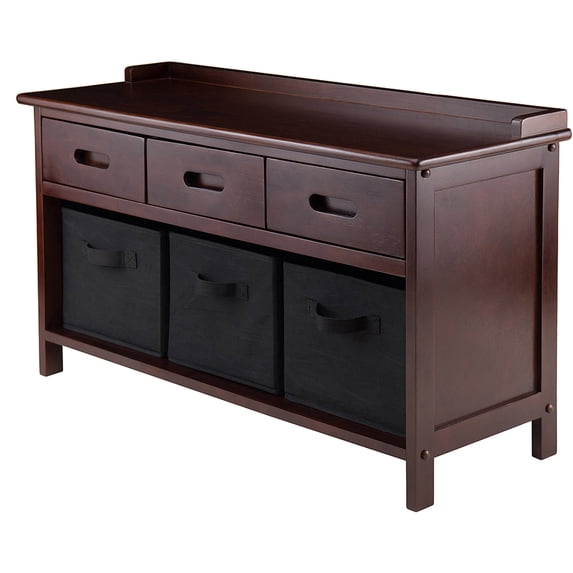 Winsome Wood Adriana 4-Pc Set, Storage Bench & 3 Foldable Black Fabric Baskets, Walnut Finish