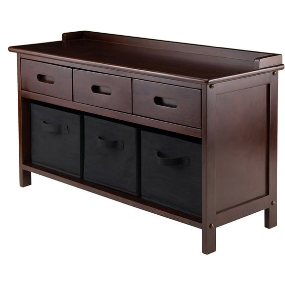 Winsome Wood Adriana 4-Pc Set, Storage Bench & 3 Foldable Black Fabric Baskets, Walnut Finish
