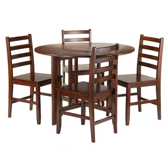 Contemporary Home Living Set of 5 Warm Antique Walnut Round Drop Leaf Table and Ladder Back Chairs