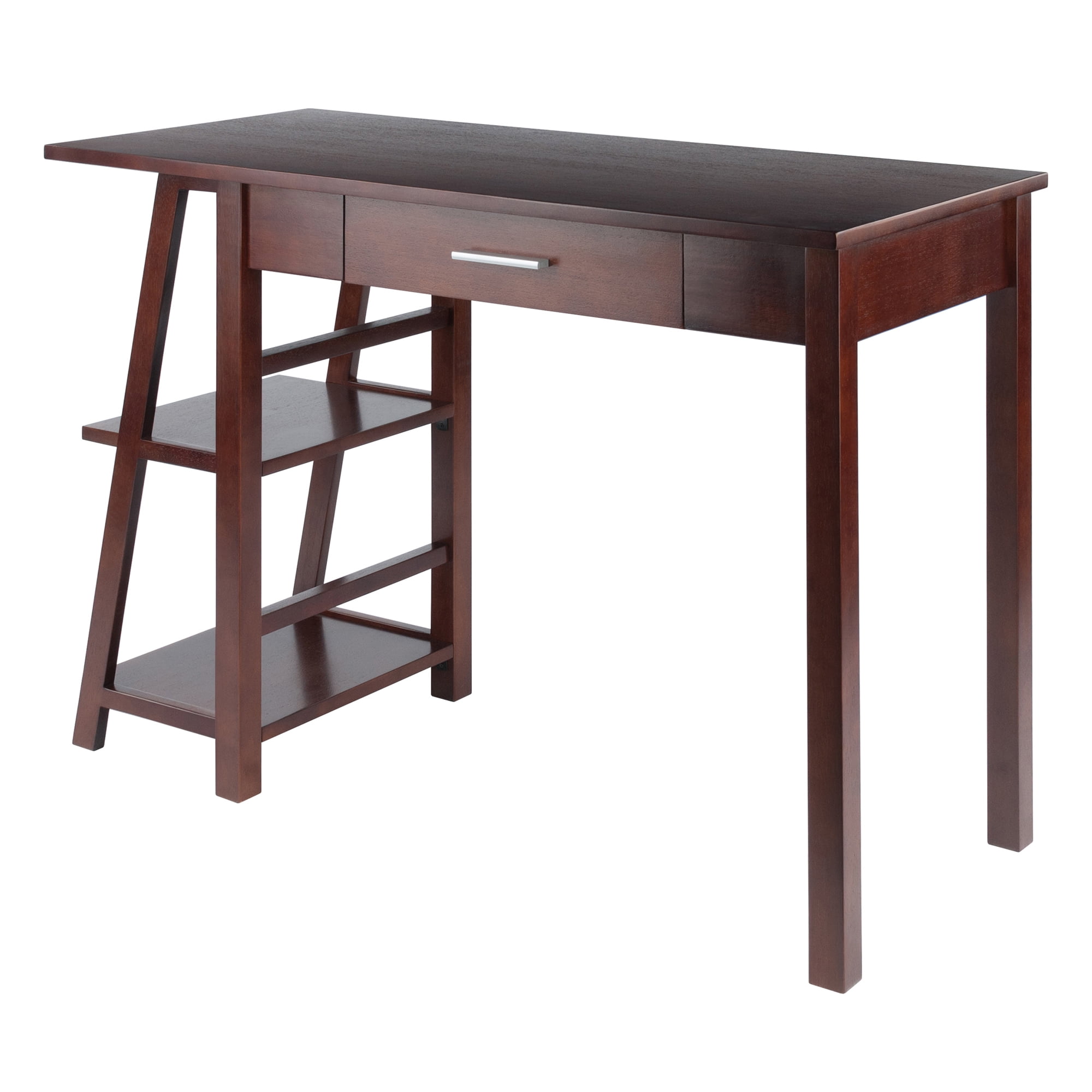 Walnut Wood Writing Desk with Drawer and Shelves