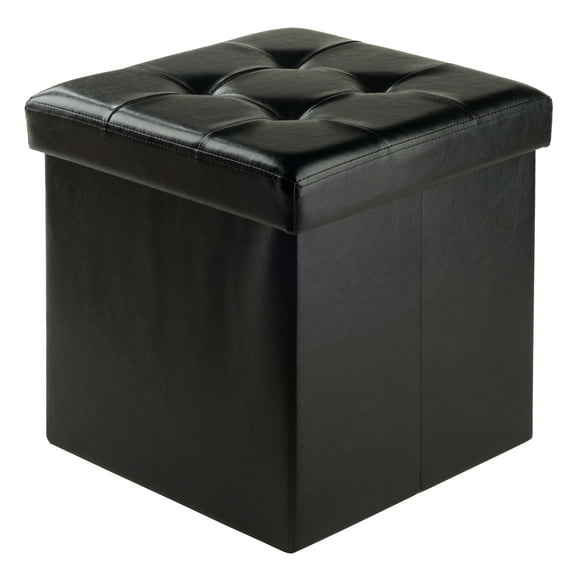 Winsome Wood Ashford Square Storage Ottoman, Black Faux Leather