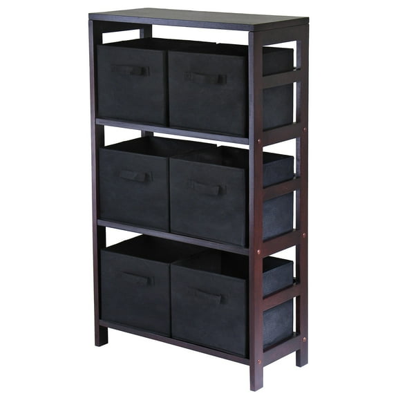 Winsome Wood Capri 7-Pc Storage Set, 3-Section Shelf & 6 Foldable Black Fabric Baskets, Espresso Finish