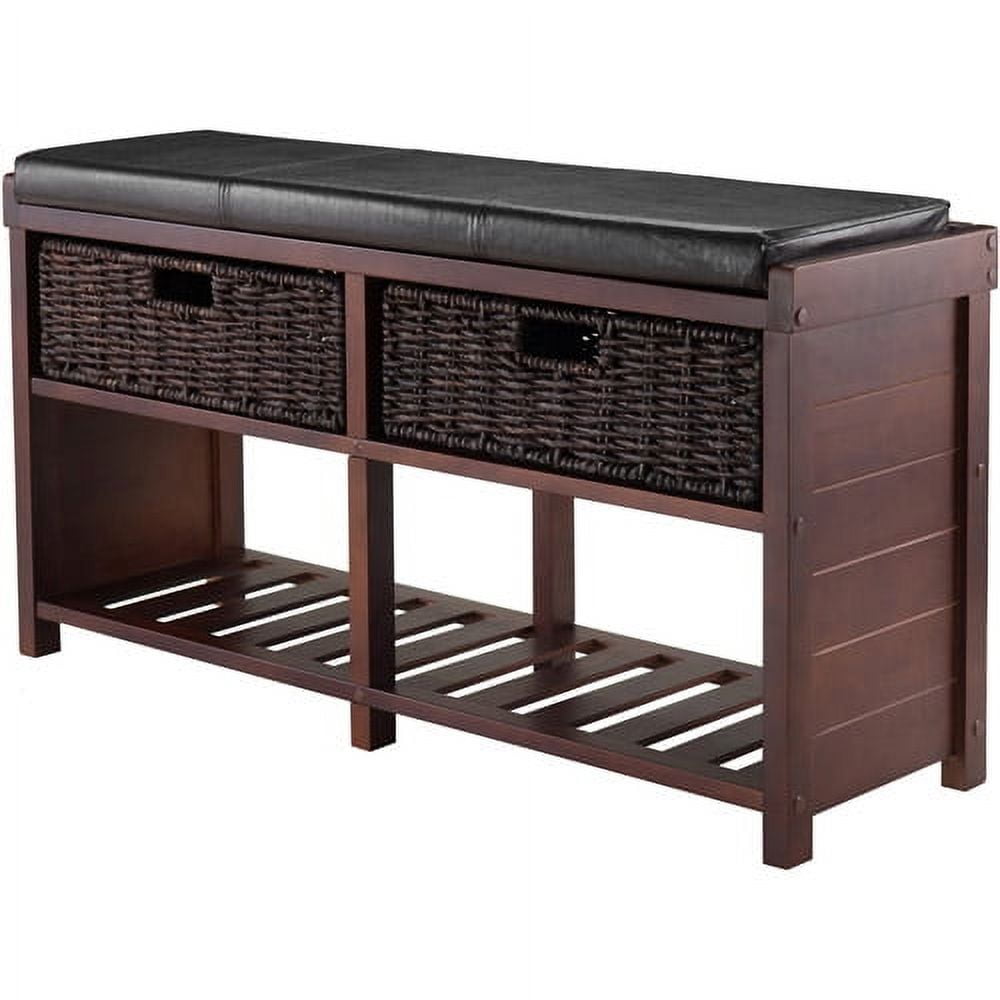 Transitional Colin Cushioned Bench with Corn Husk Storage Baskets - Brown