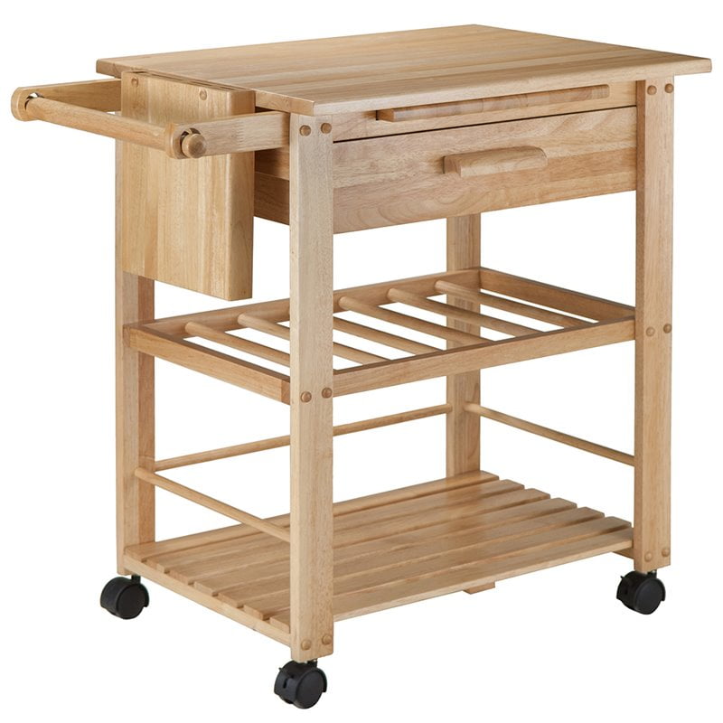 Transitional Brown Wood Kitchen Cart with Wine Storage and Knife Block