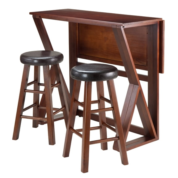 Contemporary Home Living Set of 3 Walnut Unique Harrington Drop Leaf High Table with Round