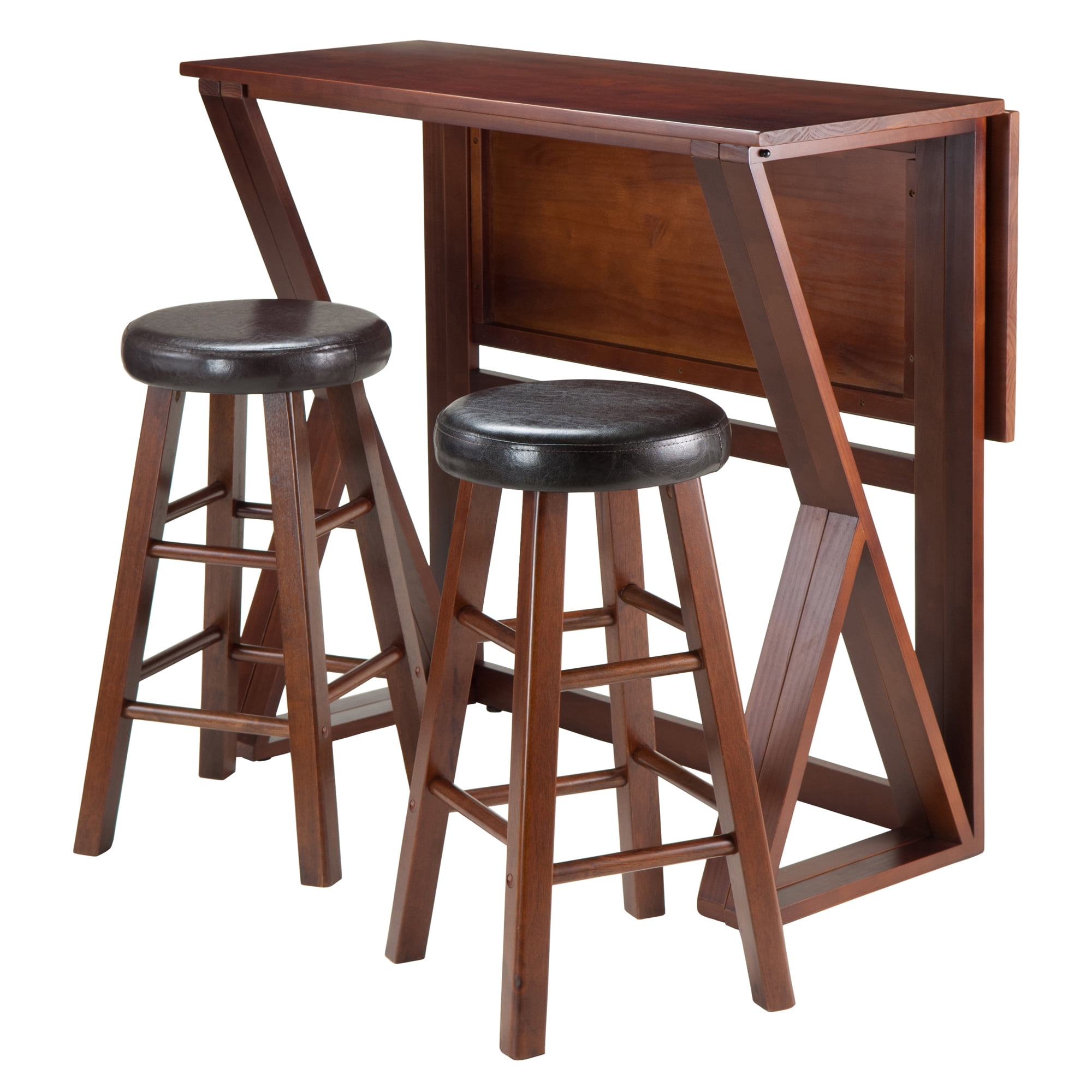 Walnut Drop Leaf Table with 2 Black Faux Leather Stools
