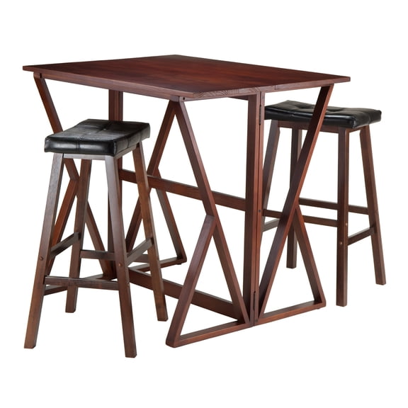 Contemporary Home Living Set of 3 Warm Walnut Drop Leaf High Table with Cushion Saddle Seat Stools