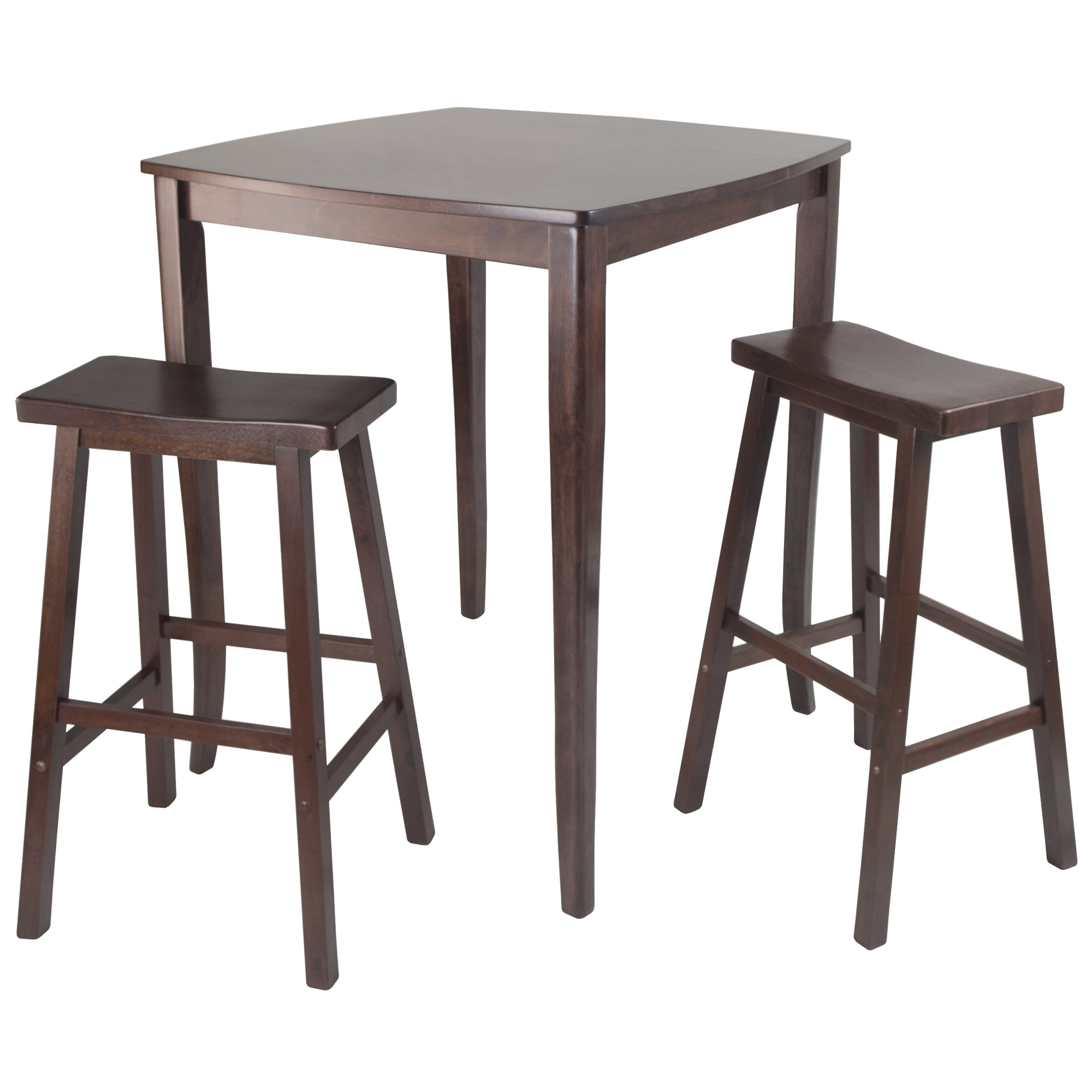 Walnut Brown Solid Wood Square Pub Table with 2 Saddle Seat Stools