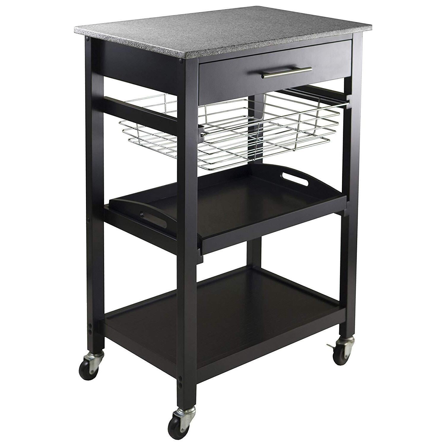Transitional Julia Granite Top Black Kitchen Cart with Storage