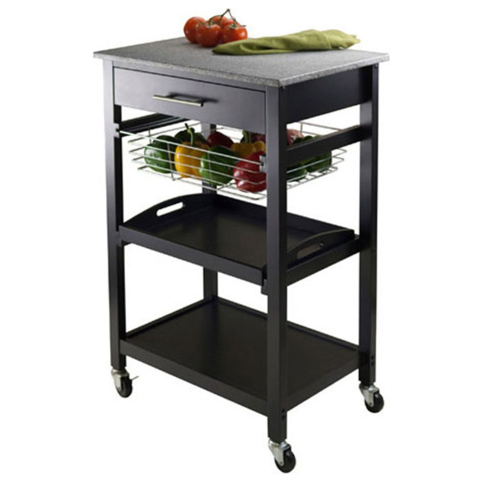 Transitional Julia Granite Top Black Kitchen Cart with Storage