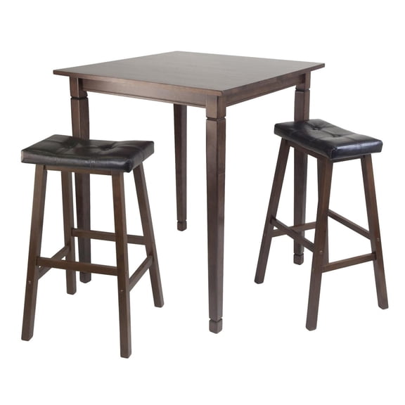 Winsome Wood Kingsgate 3-Pc Pub Set, High Table & 2 Cushioned Saddle Seat Bar Stools, Walnut Finish