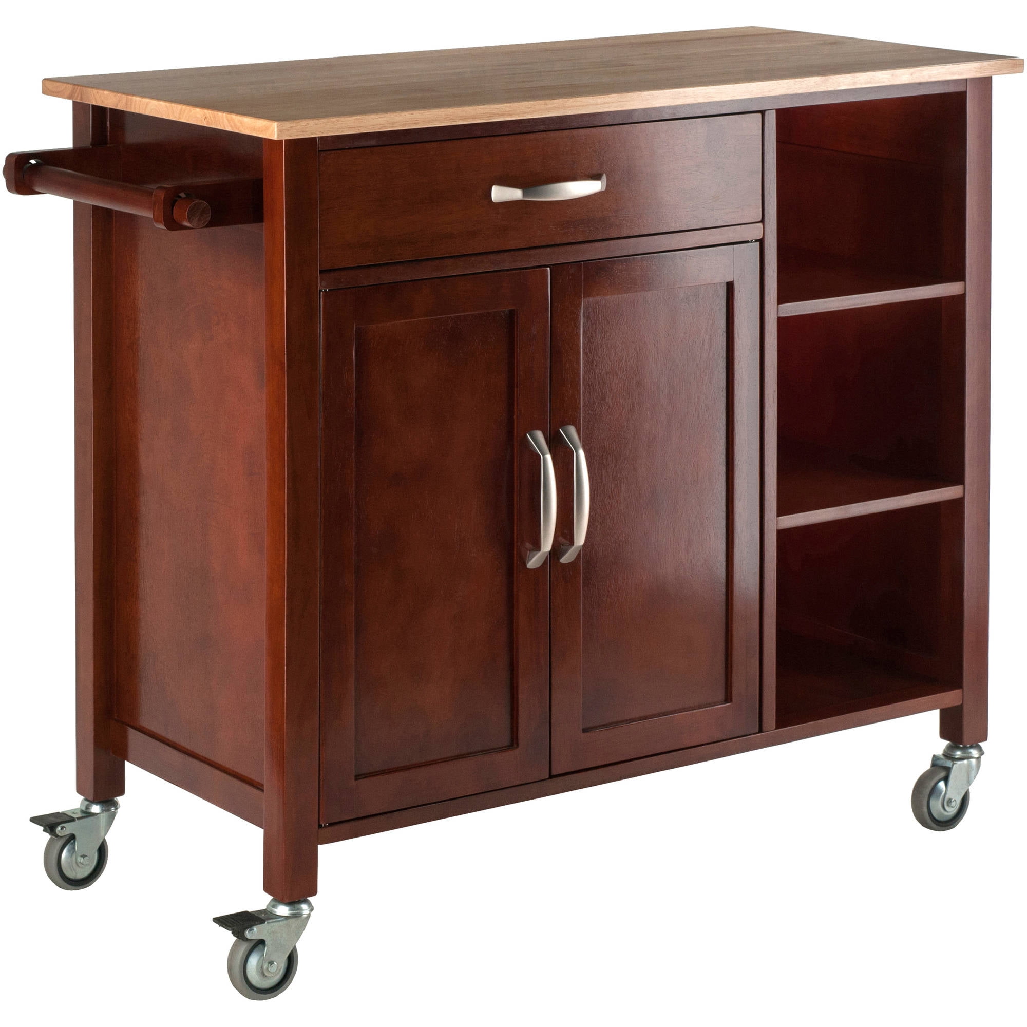 Mabel Walnut and Natural Wood Kitchen Cart with Storage