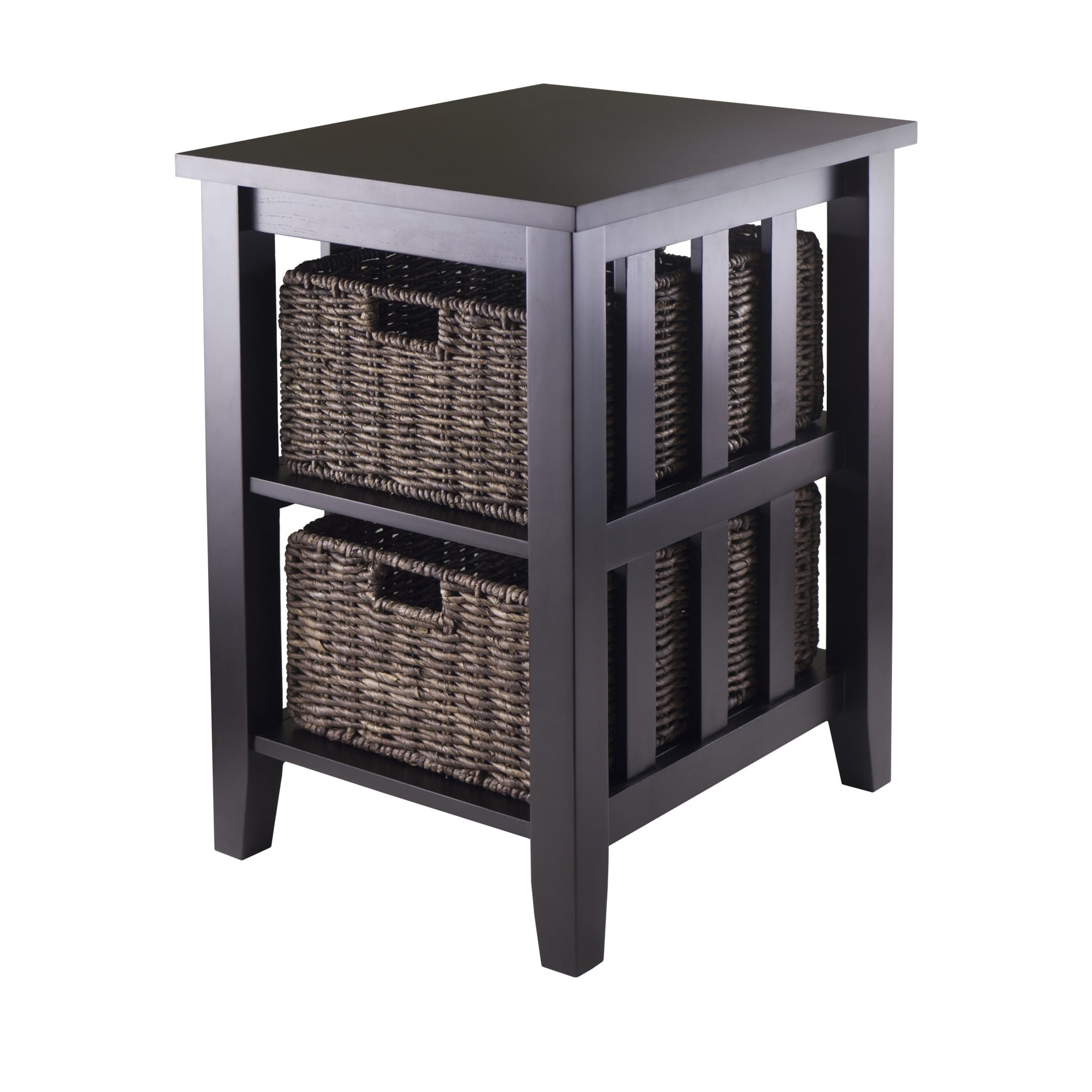 Traditional Espresso Square Wood Side Table with Storage Baskets