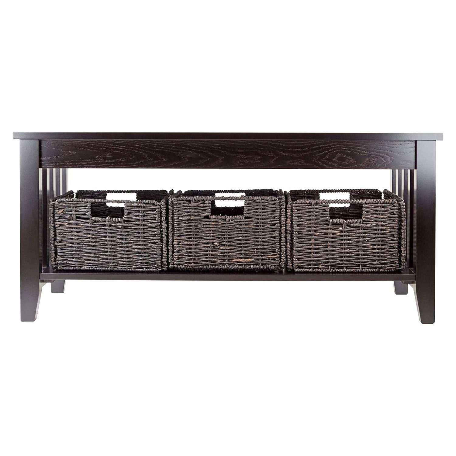 Espresso Brown Rectangular Wood Coffee Table with Storage Baskets